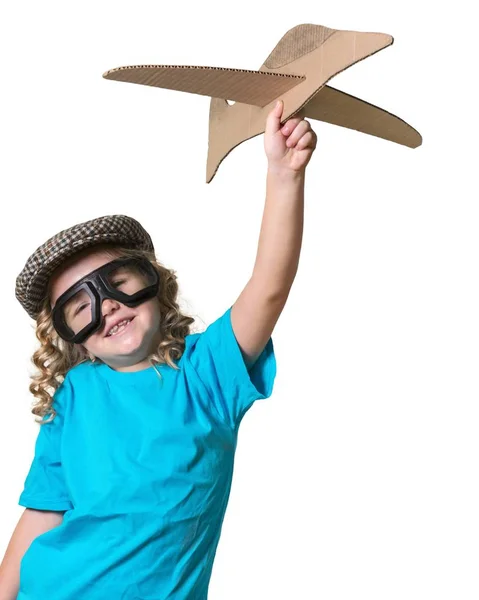 Mały chłopiec drewniany samolot — Zdjęcie stockowe