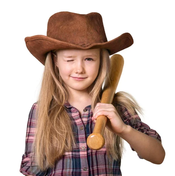 Cute Attractive Cowgirl Long Hair Hat Western Concept — Stock Photo, Image