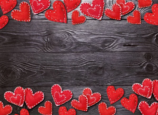 Red Hearts Dark Wooden Background — Stock Photo, Image