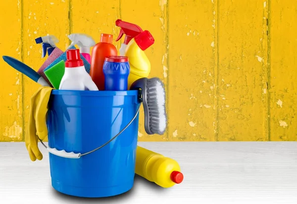 Cleaning supplies in bucket — Stock Photo, Image