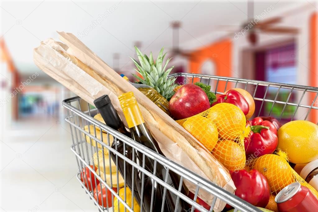 shopping cart full of groceries