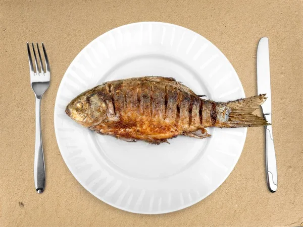 Lezzetli Balık Kahverengi Zemin Üzerine Beyaz Plaka — Stok fotoğraf