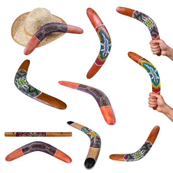 Boomerang Multicolore Isolato Flauto Legno Tribale — Foto Stock