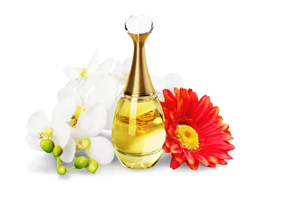 Frasco de perfume y flores — Foto de Stock