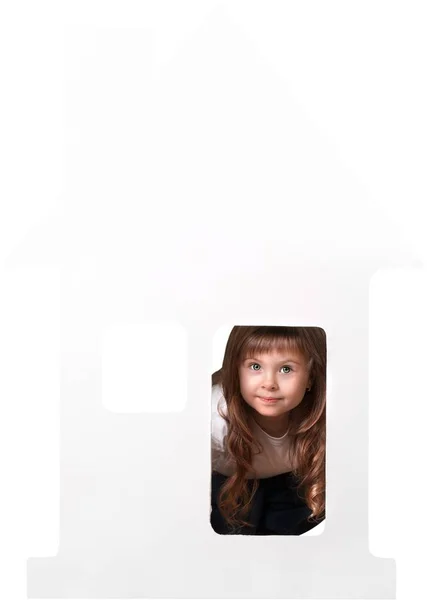 Cute Curly Girl White Paper House — Stock Photo, Image