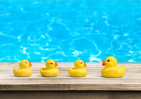 Patos Borracha Amarela Mesa Madeira — Fotografia de Stock