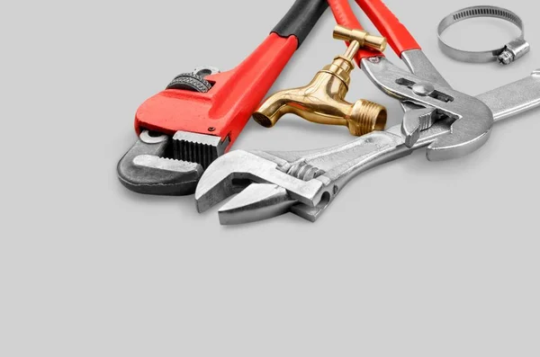 Close Zilveren Tools Grijze Achtergrond — Stockfoto