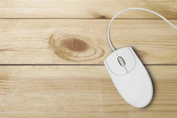 Mouse Computador Com Fio Fundo Madeira — Fotografia de Stock