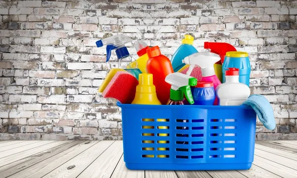 Cleaning supplies in bucket — Stock Photo, Image