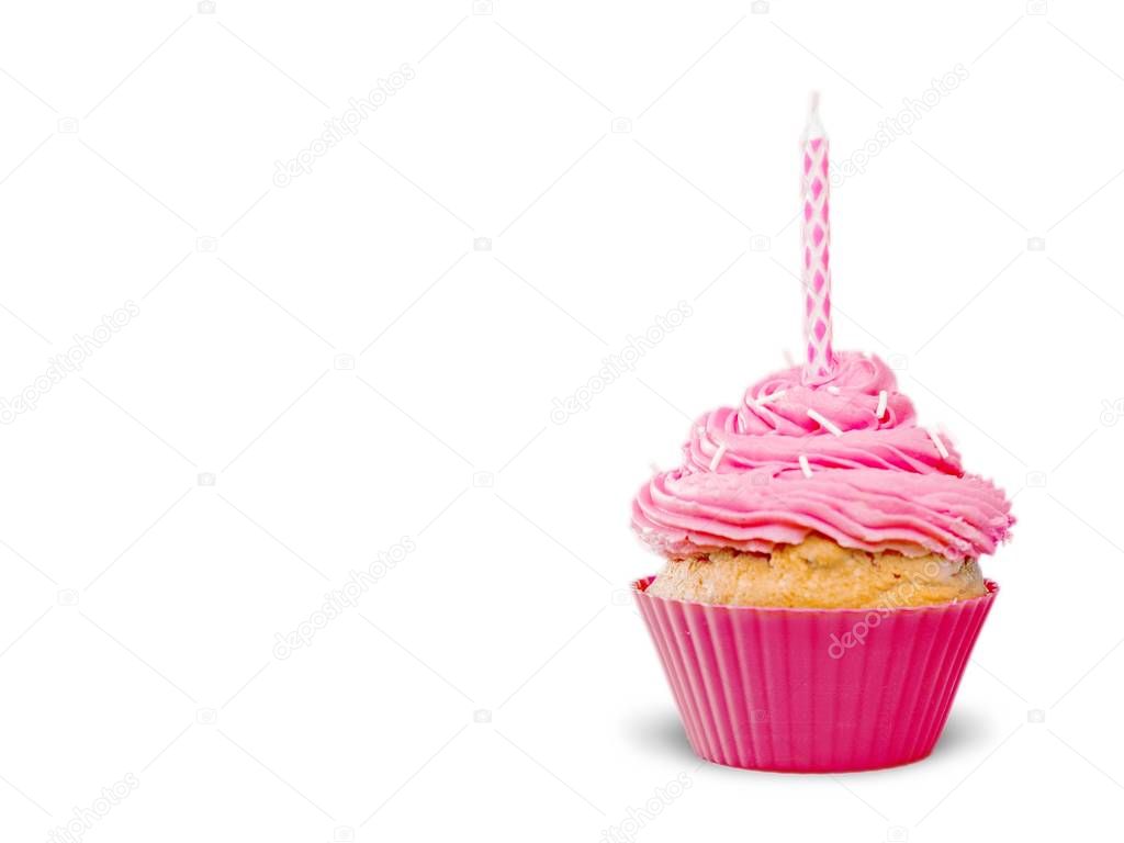 delicious cupcake with cream and candle on white background