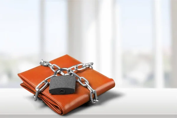 padlock on leather wallet, money protection concept