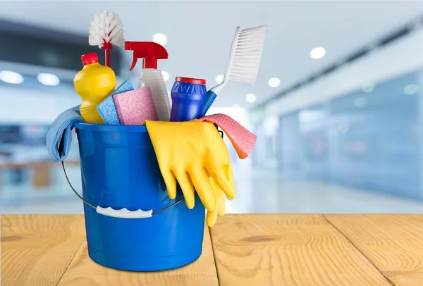 Cleaning supplies in bucket — Stock Photo, Image