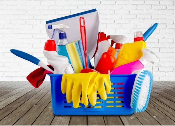 Cleaning supplies in bucket — Stock Photo, Image