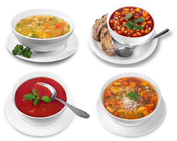 close-up photo of fresh food in plates isolated on white background