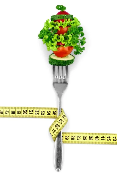 Fresh Raw Vegetables Fork Measuring Tape Isolated White Background — Stock Photo, Image