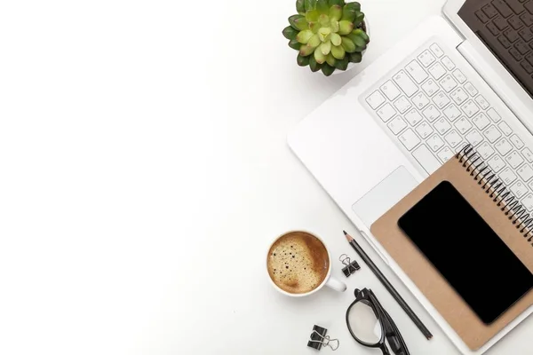 Vista Superior Del Lugar Trabajo Con Portátil Moderno —  Fotos de Stock