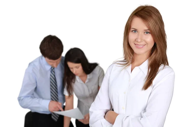Young Businesswoman Suit Front Her Colleagues — Stock Photo, Image