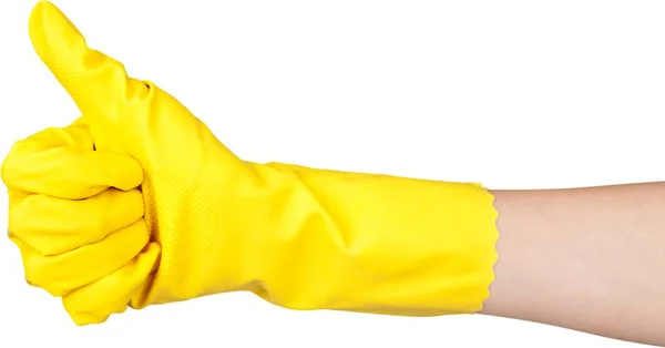 Hand Een Gele Handschoen Weergegeven Duim Omhoog Geïsoleerd Witte Achtergrond — Stockfoto
