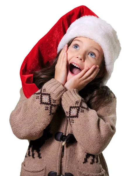 可爱的小女孩在红色的圣诞老人的帽子隔离白色背景 — 图库照片