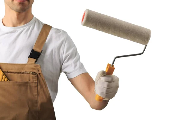 Hombre Sosteniendo Rodillo Pintura Aislado Sobre Fondo Blanco — Foto de Stock