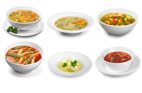 close-up of fresh soup in bowls isolated on white background