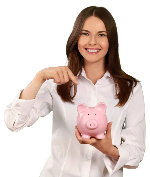 Zakenvrouw met piggy bank — Stockfoto