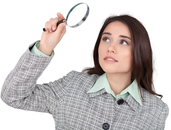 Vrouw Met Vergrootglas Geïsoleerd Witte Achtergrond — Stockfoto