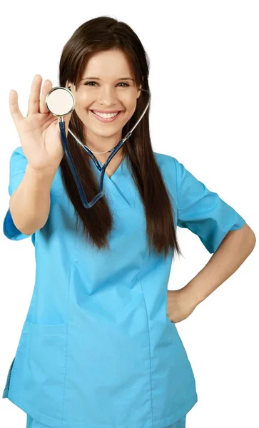 Dama młody lekarz z stetoskop — Zdjęcie stockowe