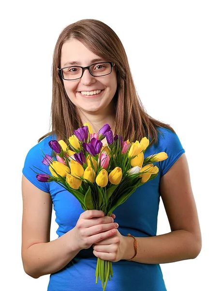 Surpresa Jovem Mulher Óculos Com Flores Isoladas Fundo Branco — Fotografia de Stock