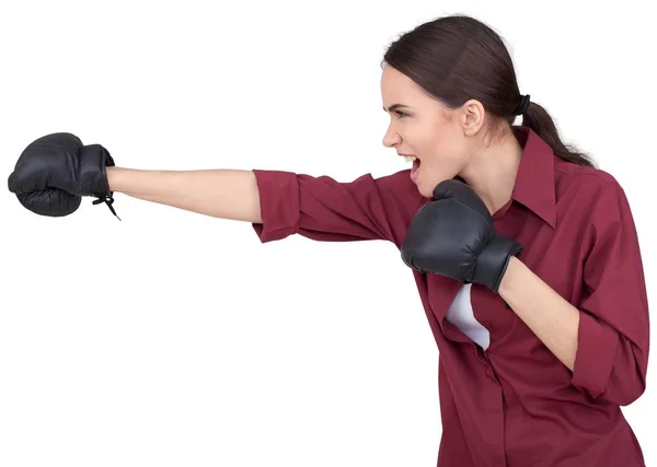 Frau mit schwarzen Boxhandschuhen — Stockfoto