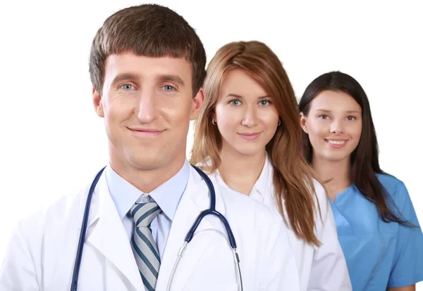 Três Médicos Confiantes Isolados Fundo Branco — Fotografia de Stock