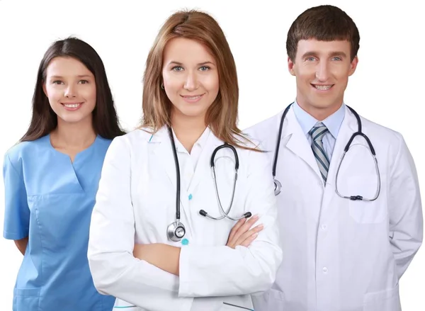 Három Magabiztos Orvosok Elszigetelt Fehér Background — Stock Fotó