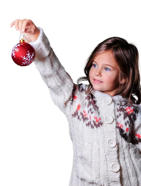 Niña Con Bola Navidad Aislada Sobre Fondo Blanco — Foto de Stock