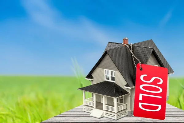 "säljs "-skylt och modell hus — Stockfoto