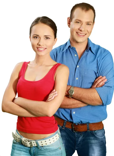 Retrato Feliz Jovem Casal Isolado Branco — Fotografia de Stock