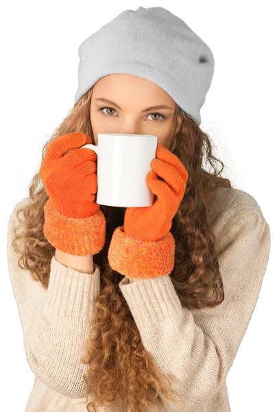 Frau mit weißer Tasse — Stockfoto