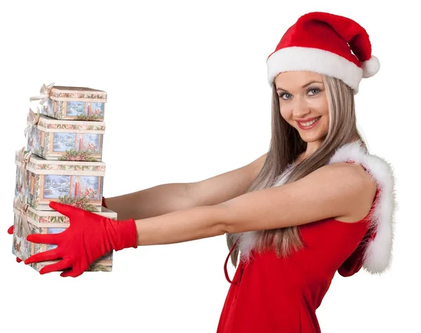 Young Girl Christmas Gifts Isolated White — Stock Photo, Image