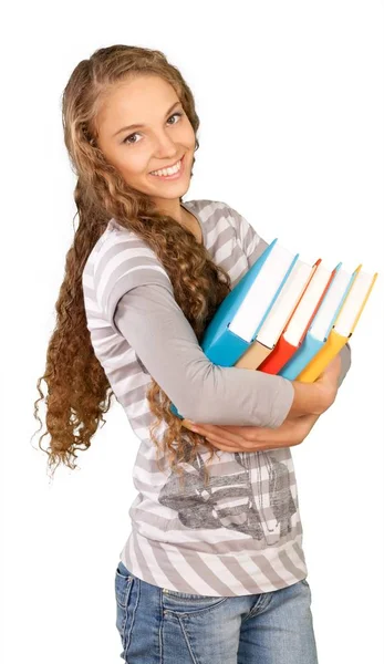 Mulher com montão de livros — Fotografia de Stock