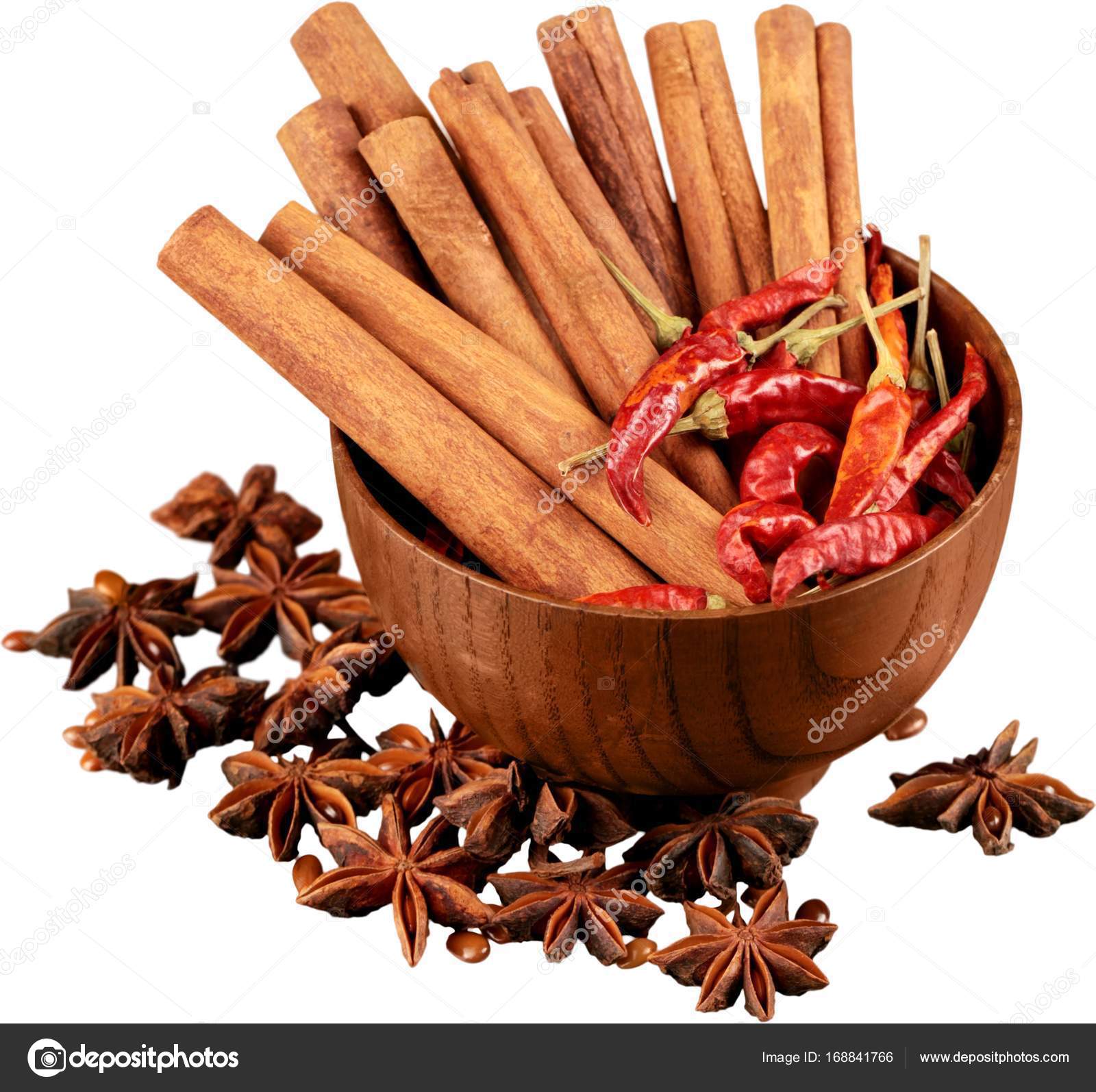 Cinnamon Sticks Stars Anise Chili Peppers White Stock Photo by