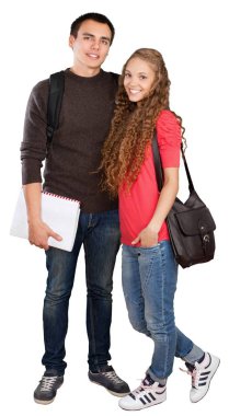 Beyaz arka plan üzerinde izole genç erkek ve dişi öğrenciler