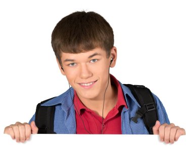 Öğrenci çocuk beyaz arka plan üzerinde izole boş kartı ile