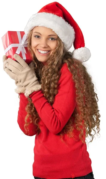 Vacker kvinna med julklapp — Stockfoto