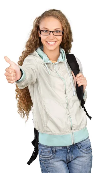 Estudante mulher mostrando polegar para cima — Fotografia de Stock
