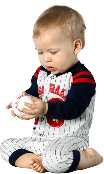 Симпатичный Мальчик Мячом Белом Фоне — стоковое фото