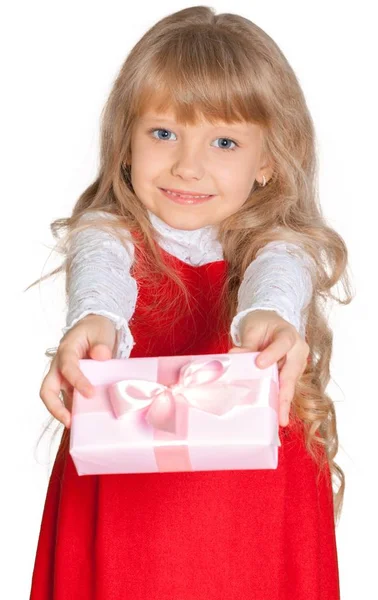 Kleines Mädchen Mit Geschenkbox Isoliert Auf Weißem Hintergrund — Stockfoto