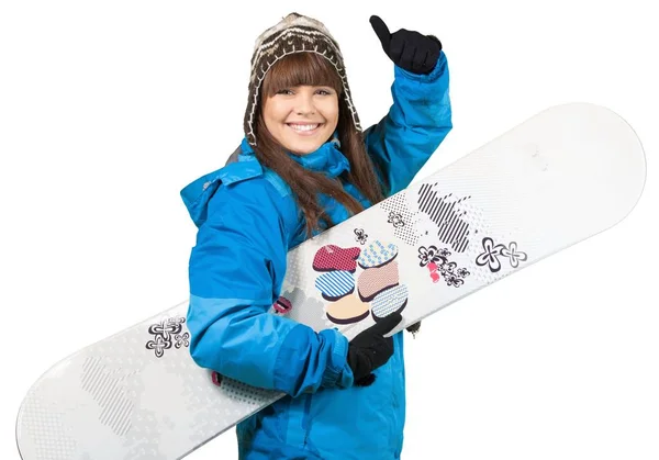 Młoda Kobieta Snowboard Białym Tle — Zdjęcie stockowe