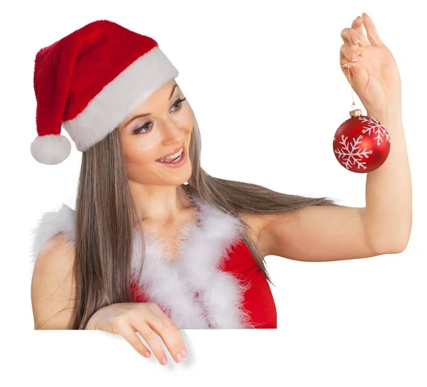 Vacker Kvinna Santa Hatt Hålla Julgranskulor — Stockfoto