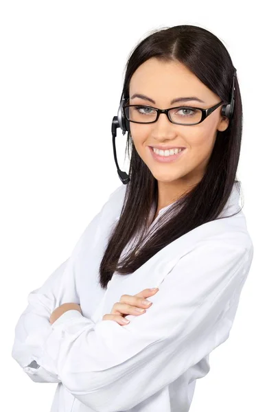 Joven mujer de negocios en auriculares — Foto de Stock