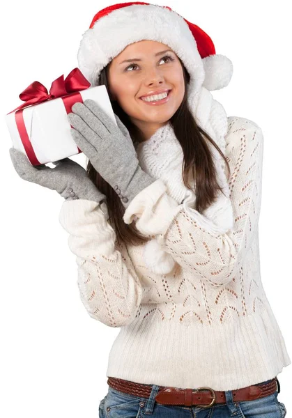 Noel Baba şapkalı güzel kadın. — Stok fotoğraf