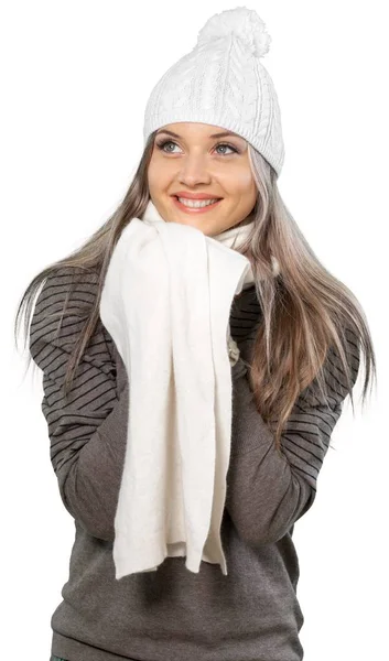 Kışın giyinmiş genç bir kadın. — Stok fotoğraf